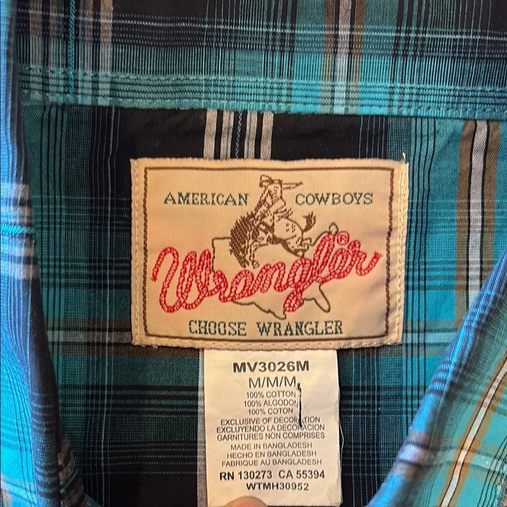 Wrangler Mens Medium Retro Inspired Blue Plaid Short Sleeve Shirt - Picture 2 of 5